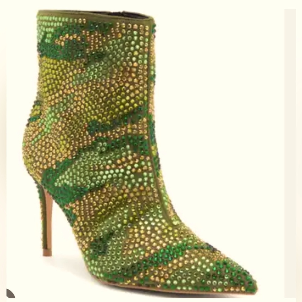 NEW KURT GEIGER Green Belgravia Crystal Embellished Camouflage Bootie 38/7.5